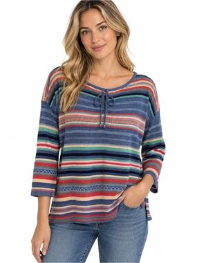Chaps Denim Women L Striped Linen Cotton Knit Top Lace Up 3/4 Sleeve Boho